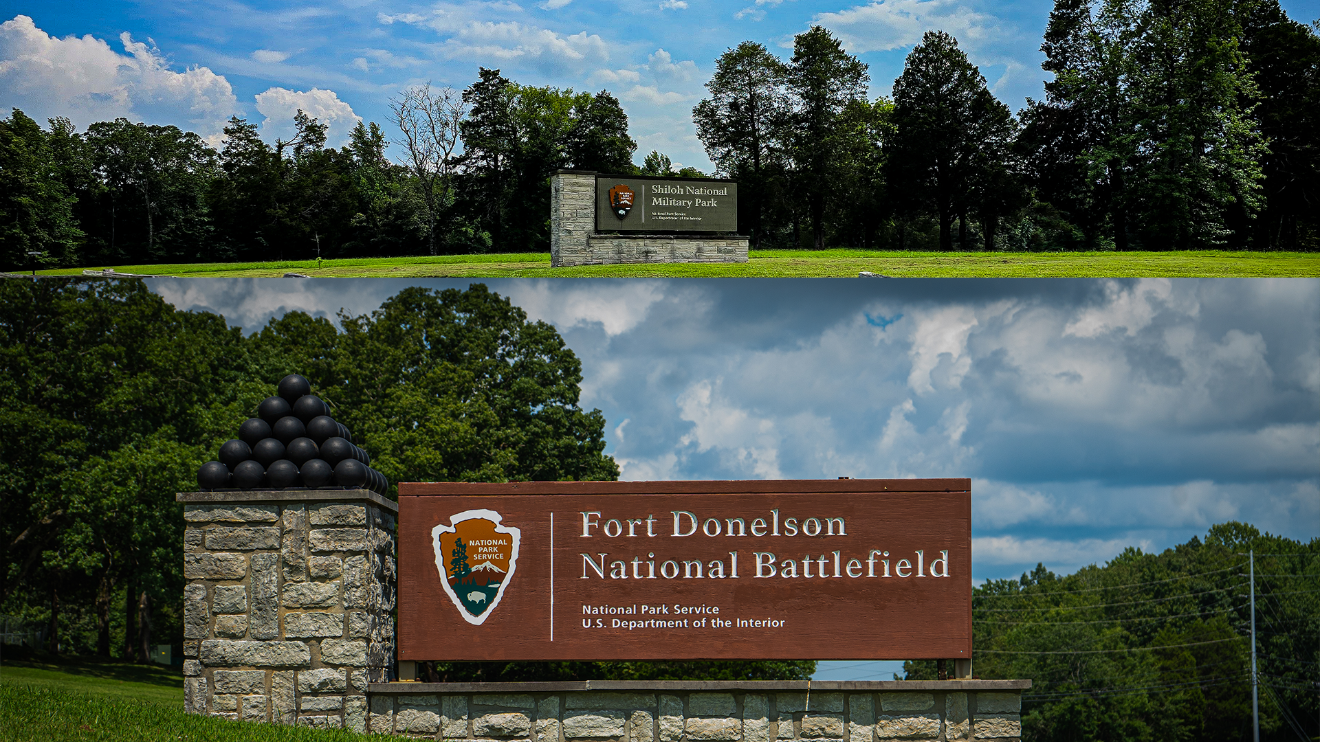 Shiloh and Fort Donelson park entry signs.